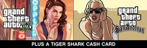 Grand Theft Auto V, Grand Theft Auto: San Andreas, and Tiger Shark Cash Card banner
