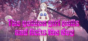 The golden girl pulls and licks the dog banner