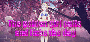 The golden girl pulls and licks the dog banner